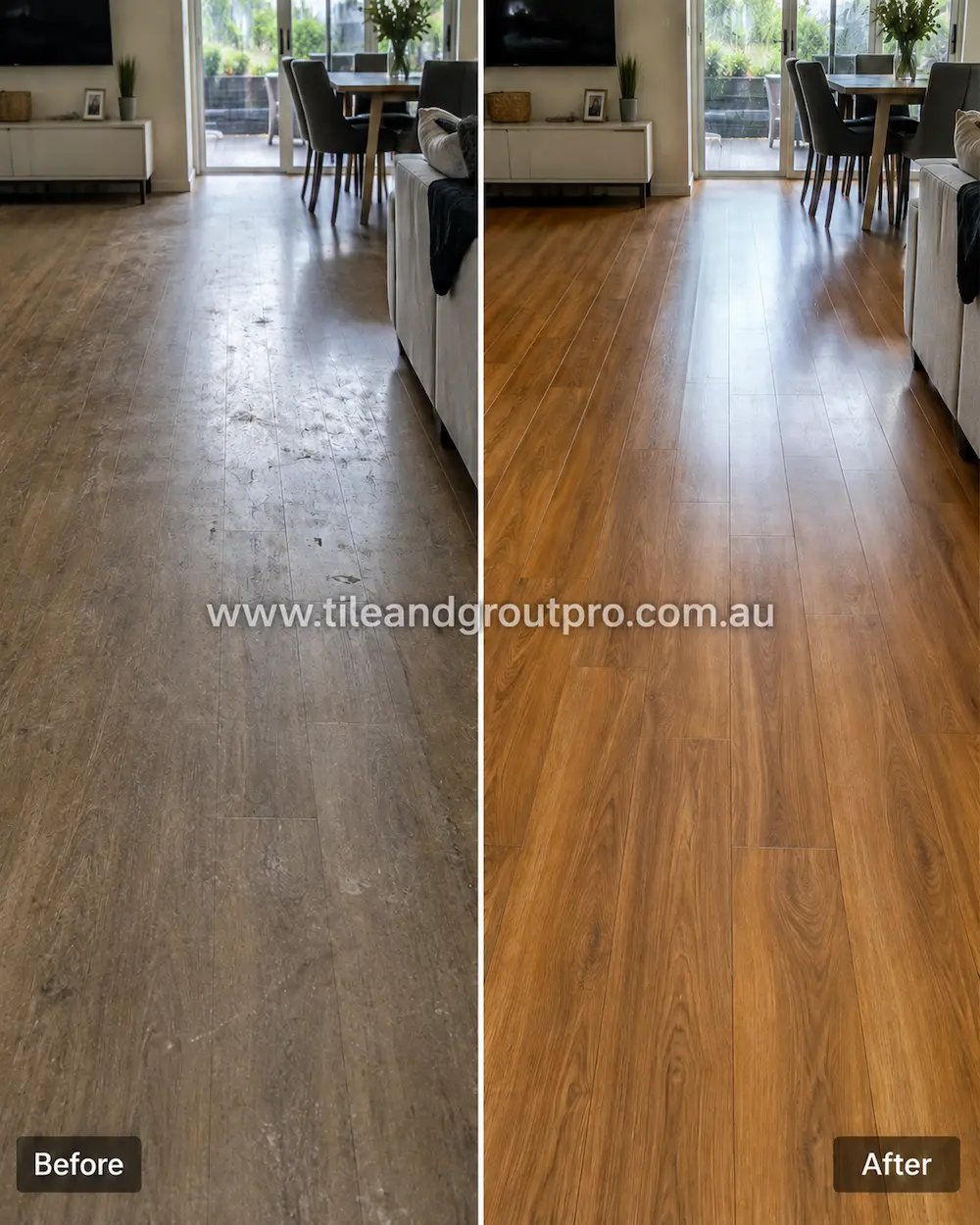 Before and after view of brown vinyl plank flooring in a residential living room showing dull traffic wear, scuff marks, and embedded dirt before professional vinyl floors cleaning.