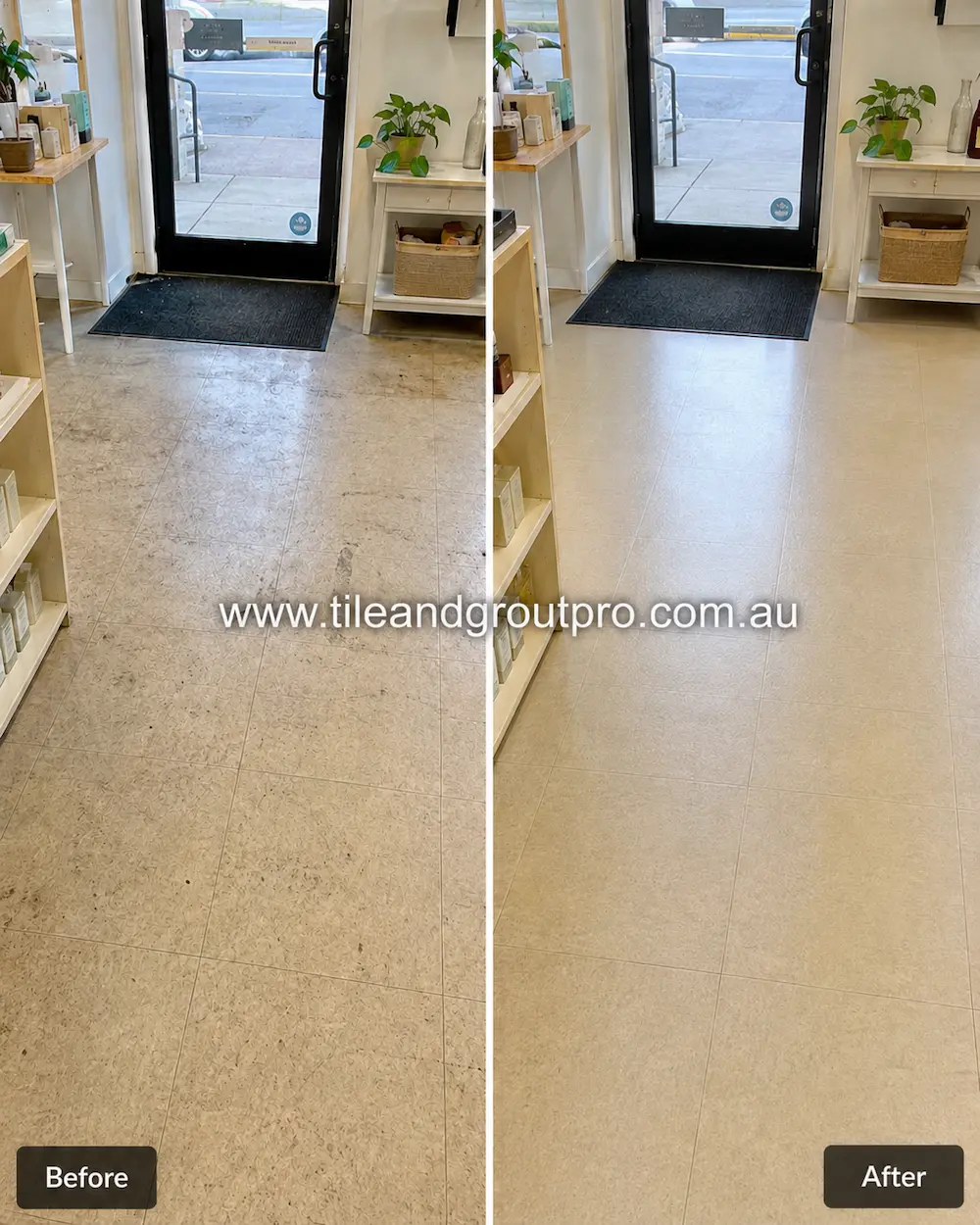 Before and after view of cream vinyl tile flooring in a retail shop entrance showing dark scuff marks, tracked-in dirt, and worn finish before professional vinyl floors cleaning.